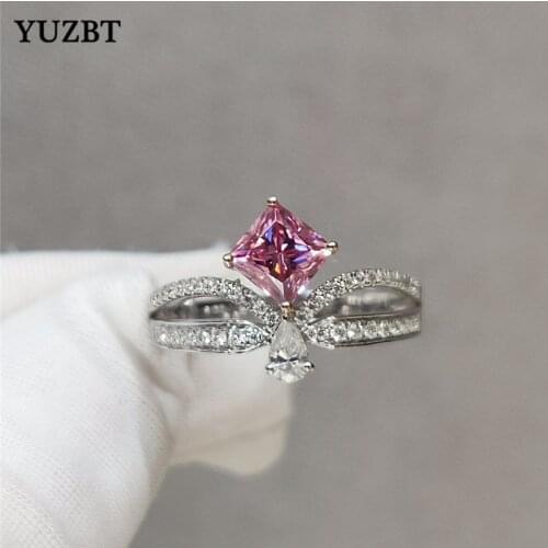 YUZBT 18K White Gold 1 Carat Square Pink Gemstone Ring Excellent Cut Diamond Test Past D Color Moissanite Crown Wedding Rings