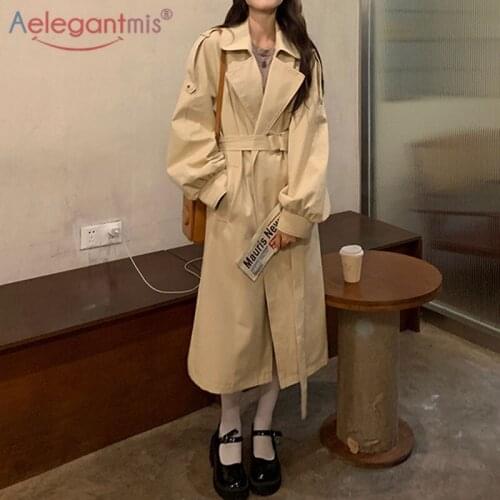 Aelegantmis 2021 New Double Breasted Loose Trench Coat for Women with Belt Oversized Korean Female Windbreaker All Match Coats