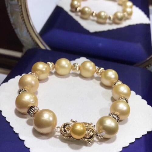 D314 Fine Jewelry 11-14mm Natural Fresh Water Golden Baroque Pearls Bracelets for Women Fine Pearls Bracelets