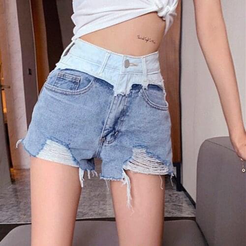 LIBERJOG Sexy Denim Shorts Women Blue Hollow Out Slim Short Jeans Female Vintage Casual Mini Straight Stitching Shorts Summer