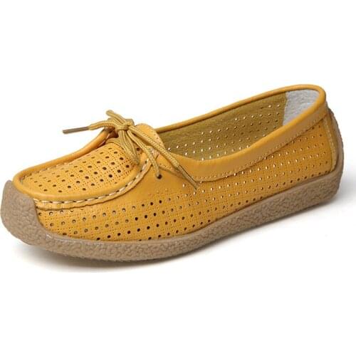 2019 New Leather Womens Sandals Openwork Bow Hole Shoes Flat Sandals Light and Comfortable Breathable Flat Sandals