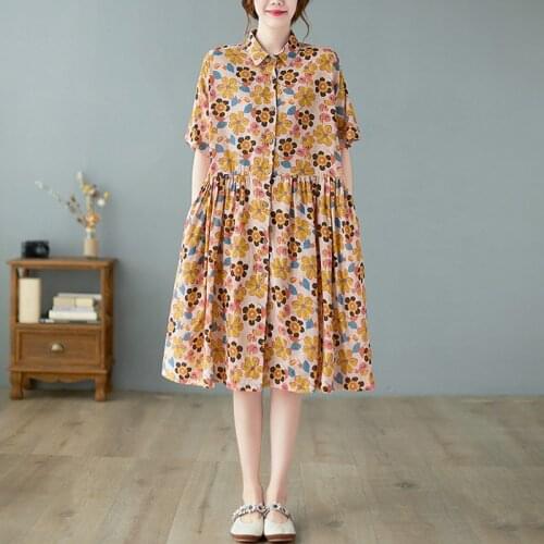 Women Cotton Linen Casual Dress New 2021 Summer Vintage Style Floral Print Single Breasted Loose Female Knee-length Dresses B813