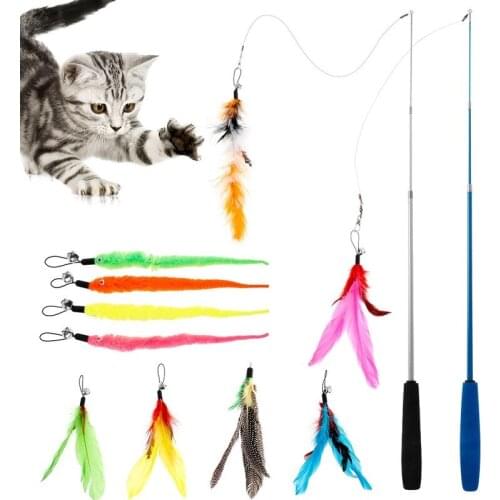 12Pcs Cat Interactive Toys Stick Feather Wand with Small Bell Toys Plastic Artificial Colorful Cat Teaser Toy Pets Supplies