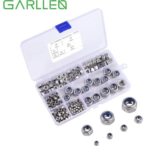 GARLLEN 170Pcs 304 Stainless Steel Lock Nuts M3 M4 M5 M6 M8 M10 M12 Ylon Insert Locknut 7 Sizes Multi Assortment Kit For DIY