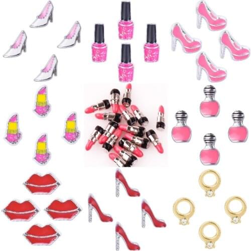 40Pcs/Lot Beautiful Lipstick And High Heels Floating Charms Making Shopping Bag Women Party Gift Locket Jewelry