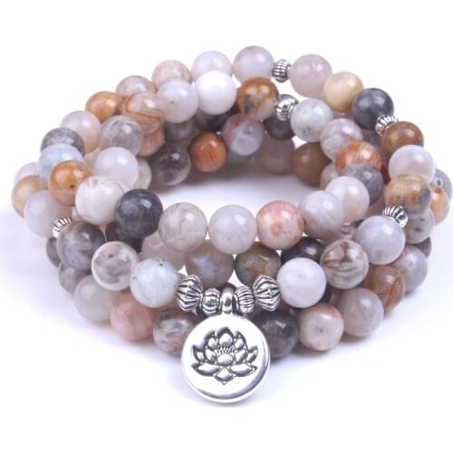 Bamboo Leaves Onyx Natural Stone Mala 108 Prayer Beads Bracelet Men Women Buddhist OM Charm Bracelet Yoga Jewelry Dropshipping