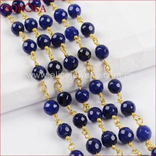 BOROSA 5Meters 6mm Deep Blue Agates Facted Bead Chain Beaded Chains Brass Chains for Necklace DIY JT229