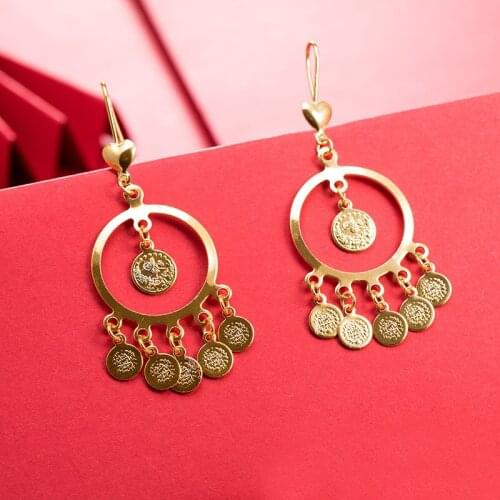 Dubai Coin Gold Color Earrings 24K For Women Wedding Jewelry Womens Earrings For Girls Bridal Wife Gifts African Dubai French