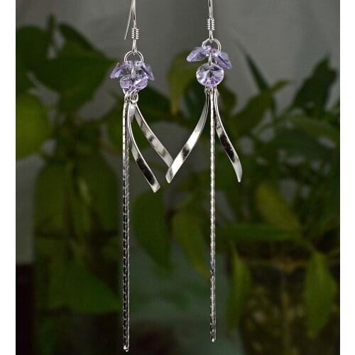 Guarantee Plain 925 Sterling Silver, Crystal Earrings, 78mm, 3.8g, EA31086-purple