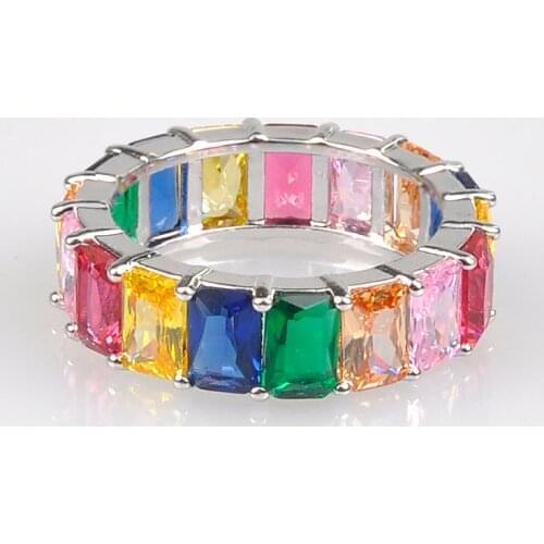 HPXmas 2019 New Gold filled fully-jewelled Rainbow colorful multi colorcubic zirconia Eternity square baguette Finger ring A86