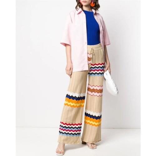 Italy Wide-Leg Zigzag Knit Trousers Boho Tropical Multicolored Wave Striped Flare Pants Elastic Waist Drawstring Crochet Bottoms