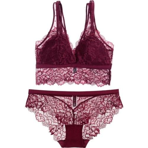 2018 summer female lingerie sexy lace bras Red gather push up women underwear bra set girl transparent lace bra and panty set