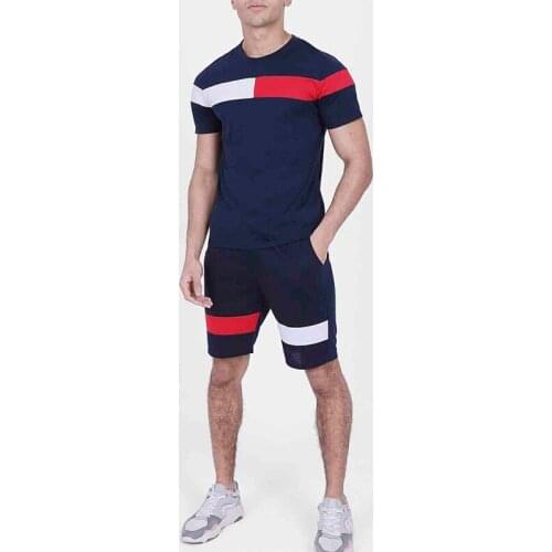 Summer Mens Short-sleeved Sports Suit, Color-blocking Short-sleeved Fitness Suit, Sweatsuit Three-point Pants 2 Piece Sets