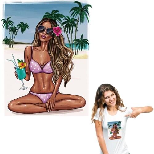 Vacation Girl Patches T-Shirt Dresses Diy Hot Tear New Design Thermal Transfer Applique On Clothes Over Powder Sticker