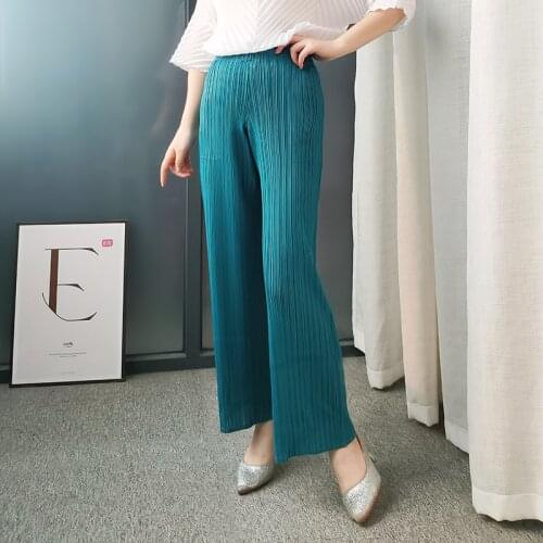 Miyake Pleated Straight pants 2021 Summer Fashion Women korean clothes Sky blue trousers wide leg Pants