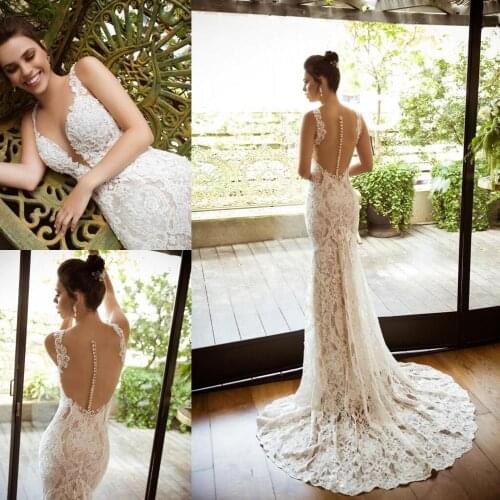 Beach Lace Mermaid Wedding Dresses Sexy V Neck Sleeveless See Through Back Bridal Gowns Sweep Train Wedding Dress robes de marié