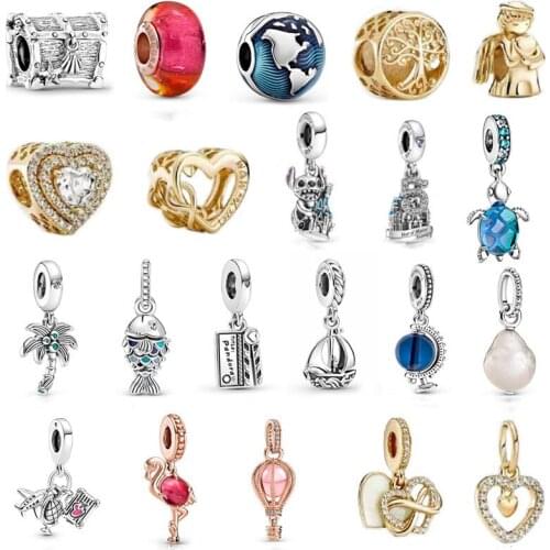 Real 925 sterling silver ocean charm pendant new castle pink hot air balloon glass beads fit Pandora bracelets bangle jewelry