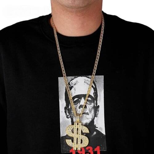 Fashion Golden Hip Hop America Dollar Rhinestone Pendant Necklace With Long Cuban Chain Necklace Jewelry For Woman Men