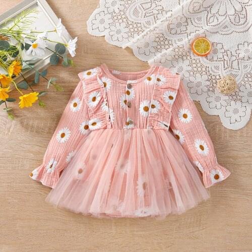 Spring Infant Baby Girls Long Sleeve Mesh Dress Ruffle Decoration Princess Daisy Pattern Dress Newborn Kids Outfits Clothing