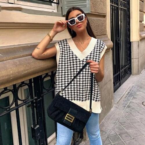 Foridol houndstooth vintage sweater vest women streetstyle casual autumn winter pullovers vest knitted ribbed tops 2020