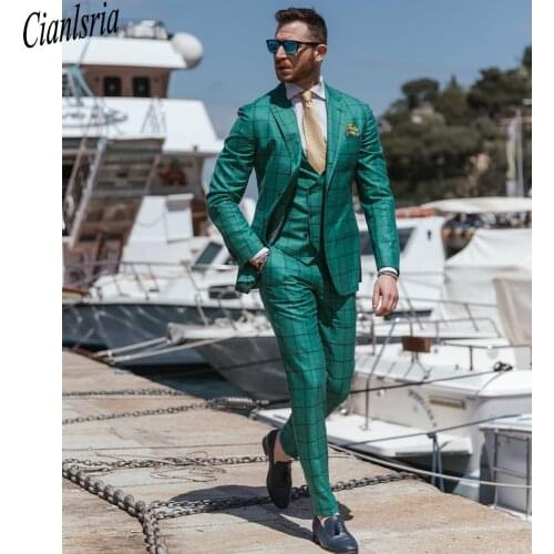 Green Plaid Groom Mens Tuxedos Slim Fit Peaked Lapel Business Wedding Blazer Suits Formal Prom Party Wear(Jacket+Vest+Pants)