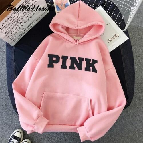 Letter Printed Pink Hoodie Pullover Sweatshirt Women Long Sleeve Plus Size Casual O-neck Hoody Clothes