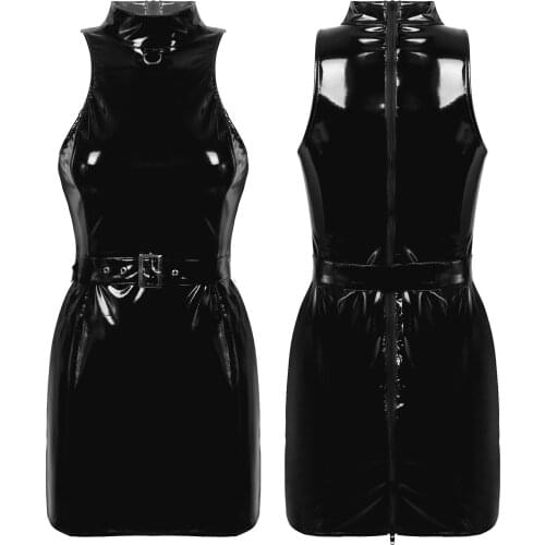 Womens Sexy Clubwear Rave Pole Dance Parties Sleeveless Dress Wet Look Leather Back Zipper Closure Bodycon Mini Dress with Belt