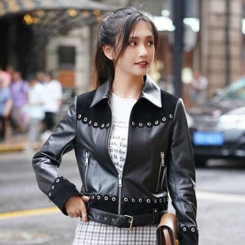 100% Real Cow Coat Female Genuine Leather Jacket + Belt Short Slim Rivets Jackets Women Clothes Outerwear Jaqueta 91081