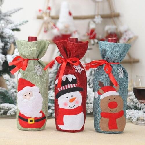 13*32cm Linen Cartoon Santa Snowman Elk Christmas Wine Bottle Bags Cover Champagne Bundle Pocket Xmas Party Dinner Table Decor