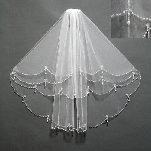 2 Tiers Wedding Veil Sequin Beaded Pearl Edge Bling Bridal Veils with Comb Short White Double mariage
