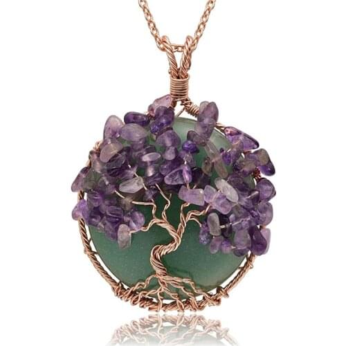 FYSL Light Yellow Gold Color Wire Wrap Green Aventurine Pendant Link Chain Necklace Amethysts Stone Jewelry