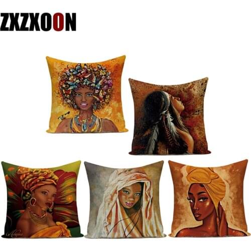 Decorative Throw Pillows Case African Style Art Oil Painting Girl Women Home Art Decoration Polyester Sofa Cushion Cover