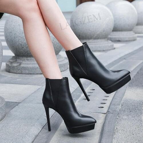 DOHBANER Wome Platform Boots Real Leather Pointed Toe Stiletto Heels Handmade Booties Party Dress Botas Shoes Woman Size 33 41