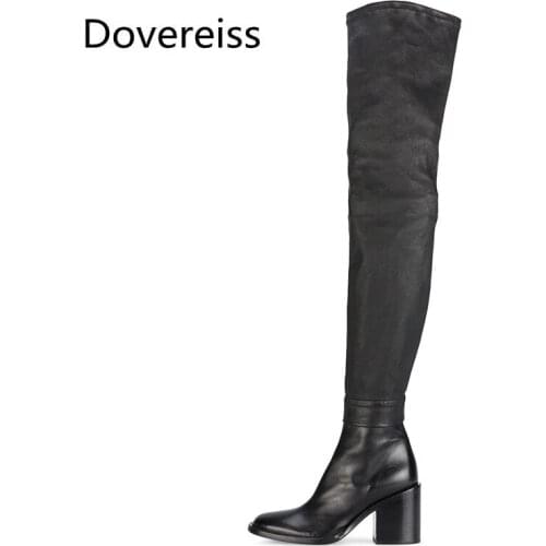 Dovereiss Fashion Womens Shoes Winter Zipper Pointed Toe Sexy Block heels New Pure color Over the knee boots Concise 33-45