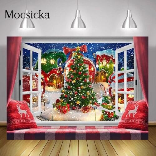 Christmas Window Landscape Backdrop Photography Snow Xmas Village Background Curtain Snowflake Winter Party Banner Decor Props