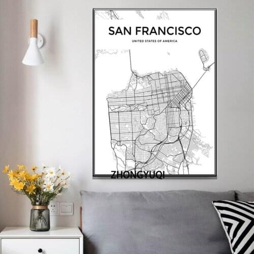 World City Map Black and White SAN FRANCISCOCanvas Painting Posters and Prints Wall Art Picture for Living Room Bedroom