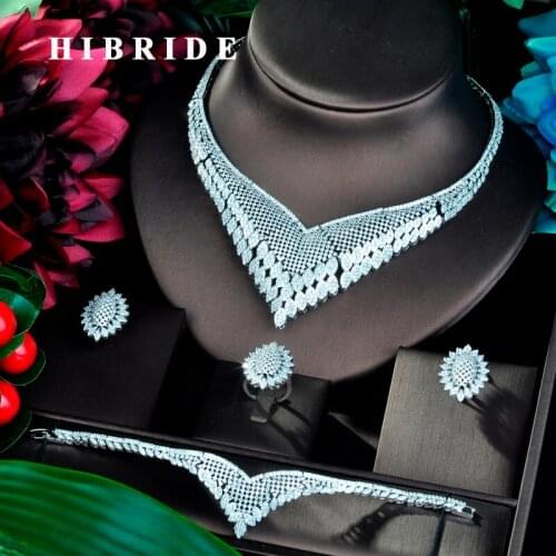 HIBRIDE Big Pendant Fashion Women Wedding Bridal Cubic Zirconia Necklace Dubai Dress Jewelry Set White Gold Color Sets N-815