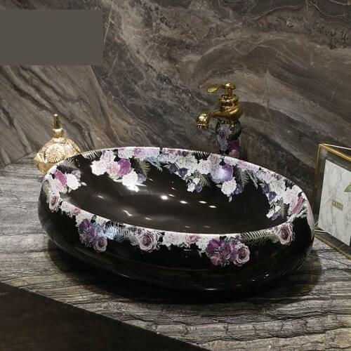 Ceramic Washbasin Art bathroom Wash Basin Oval Table Top bathroom sinks Basin Wash Basin black with rose pattern