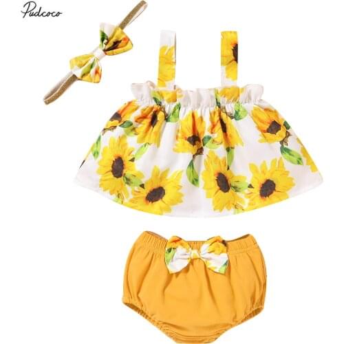 2020 Baby Summer Clothing 3Pcs Newborn Baby Girl Floral Sling Vest Tops+Shorts Outfits Headband Sunflower Clothes