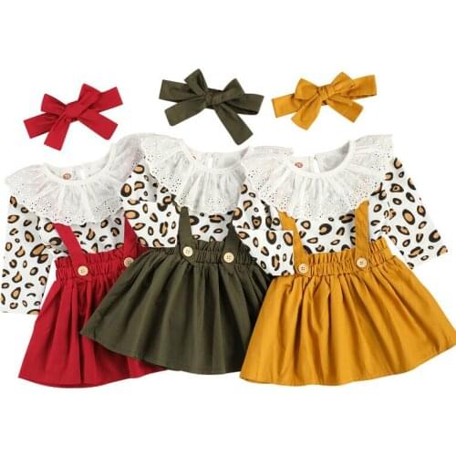 Lioraitiin 0-3T Toddler Girls Three Piece Set Infants Leopard Printed Lace Crew Romper Strap Skirt Bow Tie 3Styles
