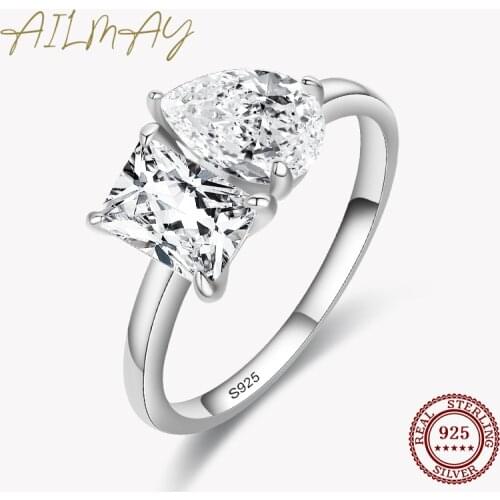 Ailmay Genuine 925 Sterling Silver Fashionc Dazzling CZ Square And Drop Shape Rings For Women Luxury Wedding Accessories Jewelry