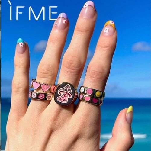 IF ME Trendy Funky Hippie Chic Rhinestone Metal Pink Oil Drip Mushroom Finger Rings for Women Girl Ins Aesthetic Rings Jewelry