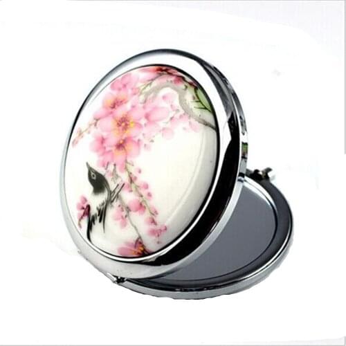 Fashion Women Ladies Blue and White Porcelain Print Magpie Ceramic Metal Compact Portable Cosmetic Mirror Makeup Mirrors