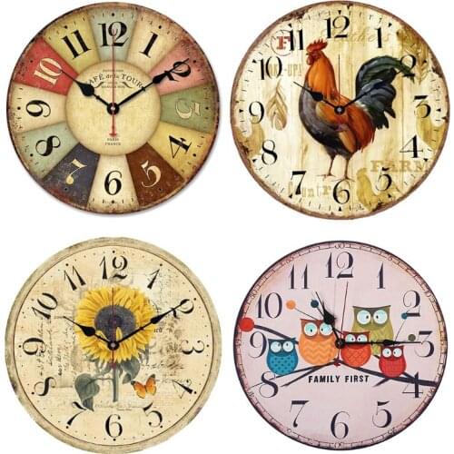Retro Wooden Wall Clock Owl Rooster Vintage Rustic Non-Ticking Silent Quiet Home Office Kitchen Nursery Living Room Bedroom Deco
