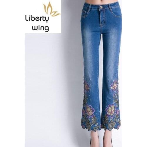 Brand New Women Sexy Skinny Jeans Ladies Flower Embroidery Beads Denim Wide Leg Stretchy Trousers Plus Size Slim Fit Pants