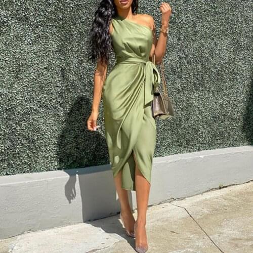 Summer Fashion Party Asymmetric Dress Sexy Ladies Sleeveless One-shoulder Ruched Belted Vestidos Solid Color Slim Clothes XXL