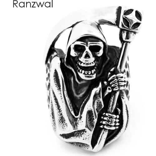 Ranzwal Punk 316L Stainless Steel Rings for Men Gothic Hell Death Skull Finger Ring Male Motorbiked Jewelry US SIZE 7~14
