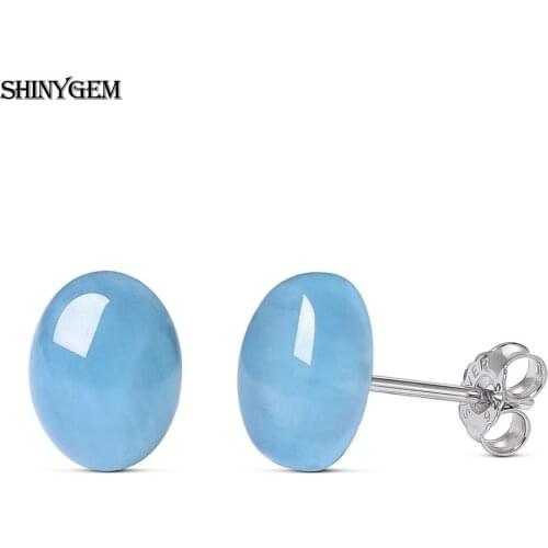 ShinyGem Fashion 7*9mm Elegant Sky Blue Oval Aquamarine Stud Earrings Handmade 925 Silver Needle Natural Stone Earring For Women