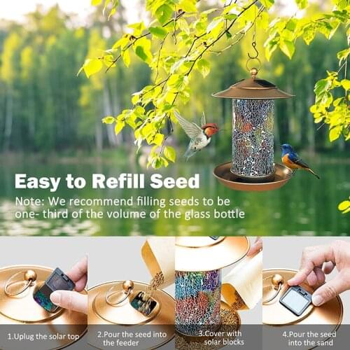 Solar Birds Feeder Outdoor Hanging Birds Feed Tool with Colorful Glass Mosaic Decor Waterproof Garden Lantern GQ