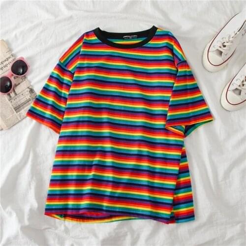 Sweet Rainbow Stripe Women Summer T-Shirt Minimalist Short Sleeve Women clothes Tops tee shirt couple clothes tshirt top